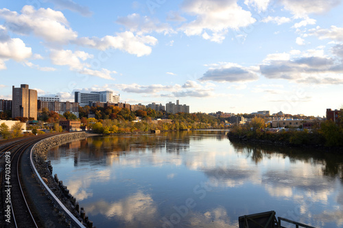 Photography wide angle urban landscape view of the Harlem River as it curves around into the