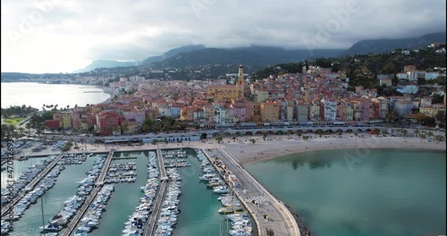Beautiful Aerial View Of The Old Town Of Menton, Port And The Mediterranean Sea On The French Riviera, France, Europe - DCi 4K Resolution
