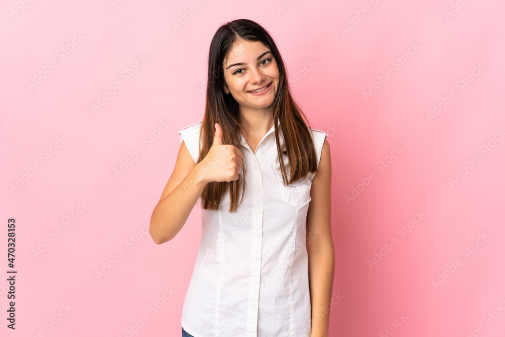 Young caucasian woman isolated on pink background giving a thumbs up gesture Young caucasian woman isolated on pink background giving a thumbs up gesture