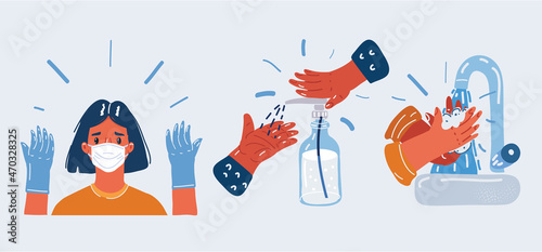 Vector illustration of Health Sanitation, Woman wear mask, gloves, sanitizer, wash your hands