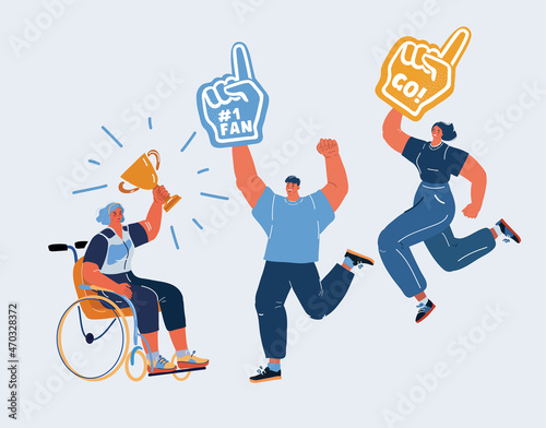 Vector illustration of woman with disablilities on wheelchair is winning, hold trophy cup and her fan support her