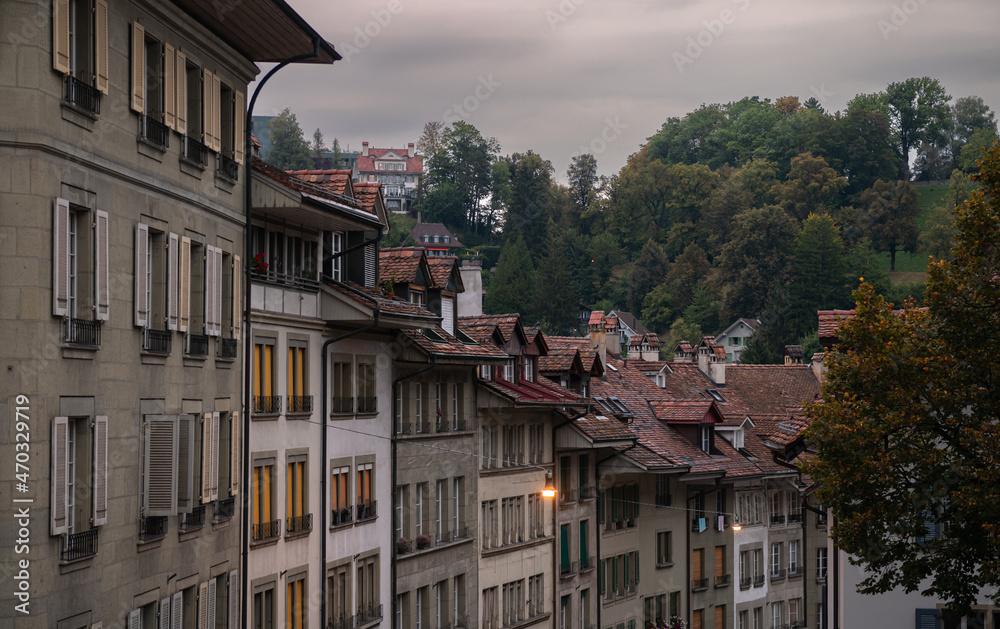 Bern, Switzerland - 2021: Traveling on the streets of this amazing Swiss city, next to its main landmarks. Great architecture and beautiful sights.