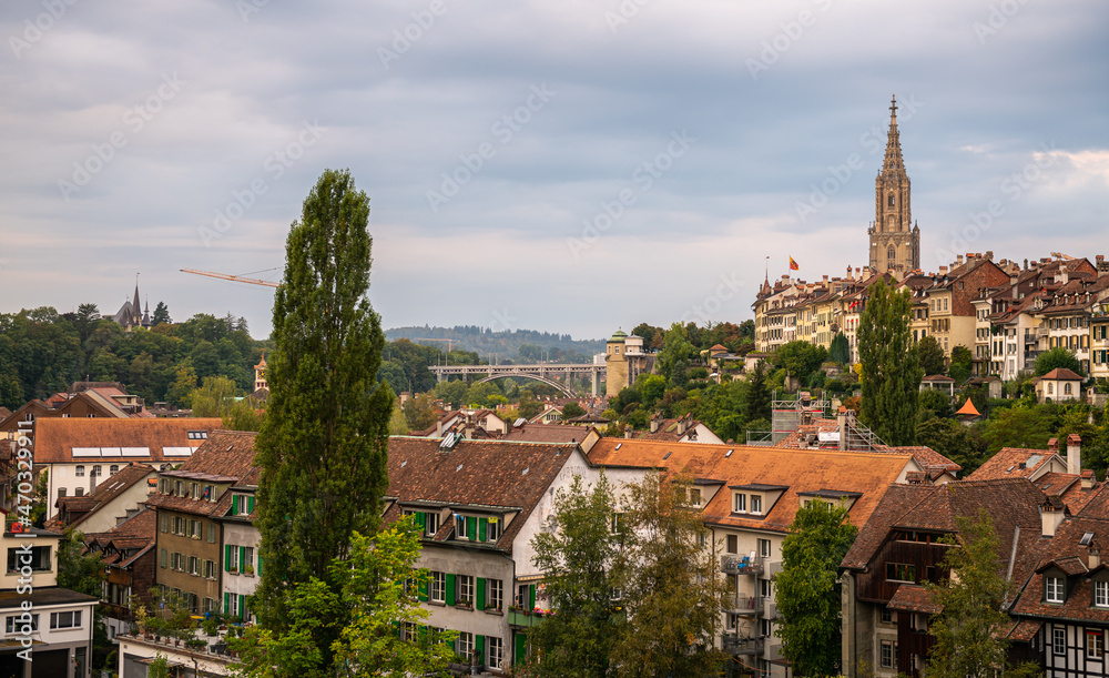 Travel to Bern. Sunrise photographed in this beautiful city from Switzerland. Photo taken next to Aare river with view to the entire old part of the town.