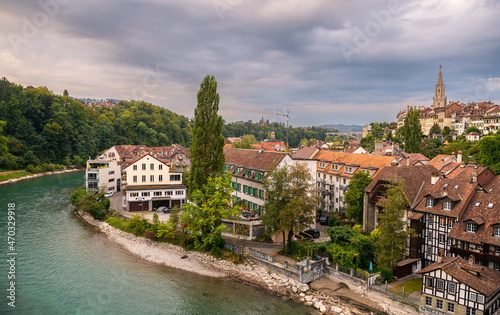 Travel to Bern. Sunrise photographed in this beautiful city from Switzerland. Photo taken next to Aare river with view to the entire old part of the town.