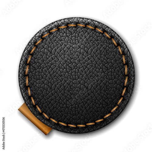 Blank round stitched black leather label isolated on white background vector template.