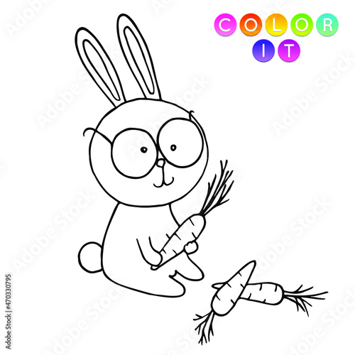 Black and White cartoon vector illustration. Anti-stress page for child.  Cute outline education game. Fantasy coloring page with rabbit. Coloring book  print  t shirt design  sticker  label.