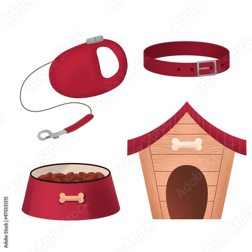 A set of accessories for the dog. Dog food, dog house wooden, leash, collar, kennel, bone for puppy. Cute illustration in cartoon style hand drawn