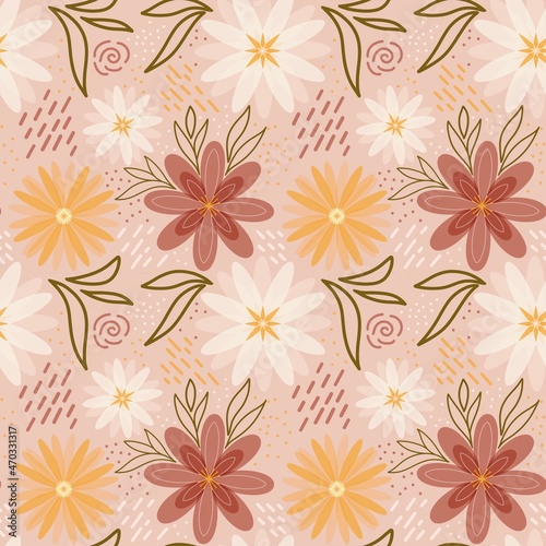 Delicate seamless floral pattern with flowers and leaves on pink background in pastel color. White  yellow  red inflorescences with abstract dots and strokes for textiles  wallpaper  paper  fabrics