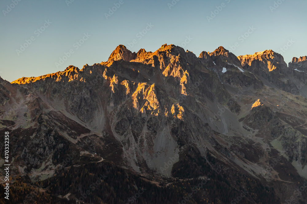 Sunset light on a nature reserve located in the Aiguilles Rouges mountain range in the Haute-Savoie department. Chamonix, Southeastern France. October, 2021.
