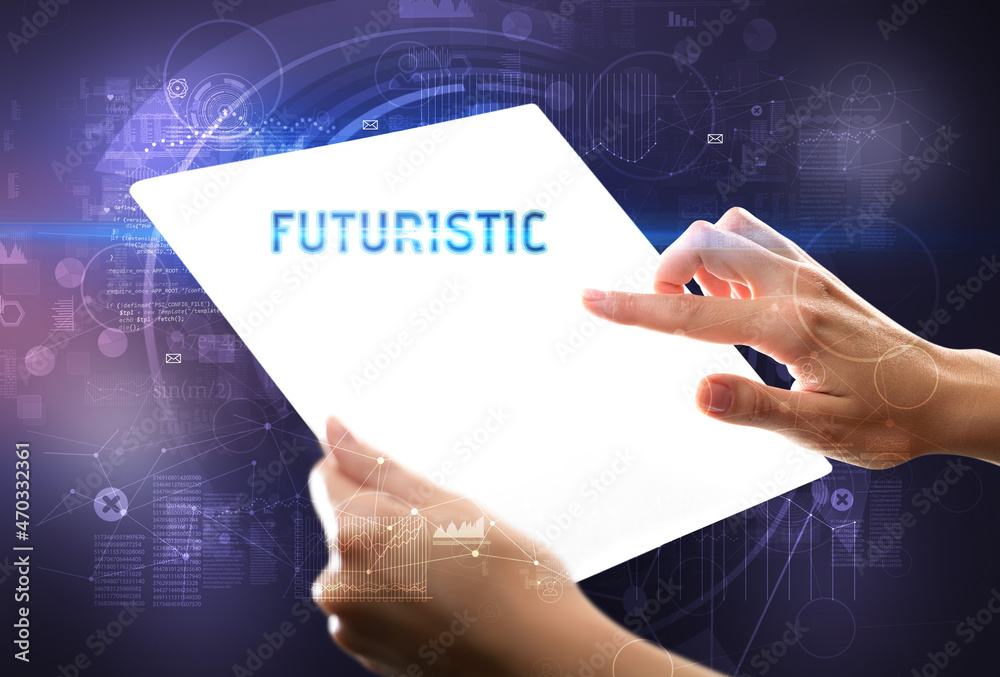 Hand holdig futuristic tablet , technology concept Hand holdig futuristic tablet , technology concept