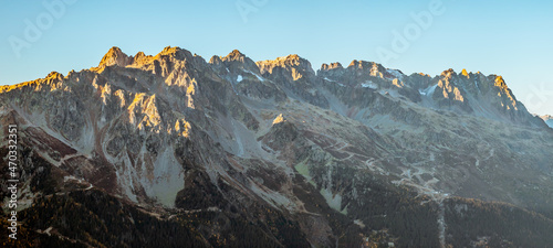 Sunset light on a nature reserve located in the Aiguilles Rouges mountain range in the Haute-Savoie department. Chamonix, Southeastern France. October, 2021.
