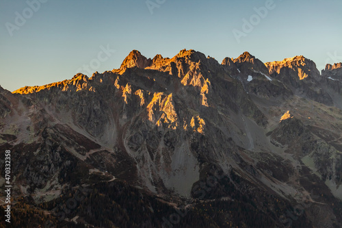 Sunset light on a nature reserve located in the Aiguilles Rouges mountain range in the Haute-Savoie department. Chamonix, Southeastern France. October, 2021. 