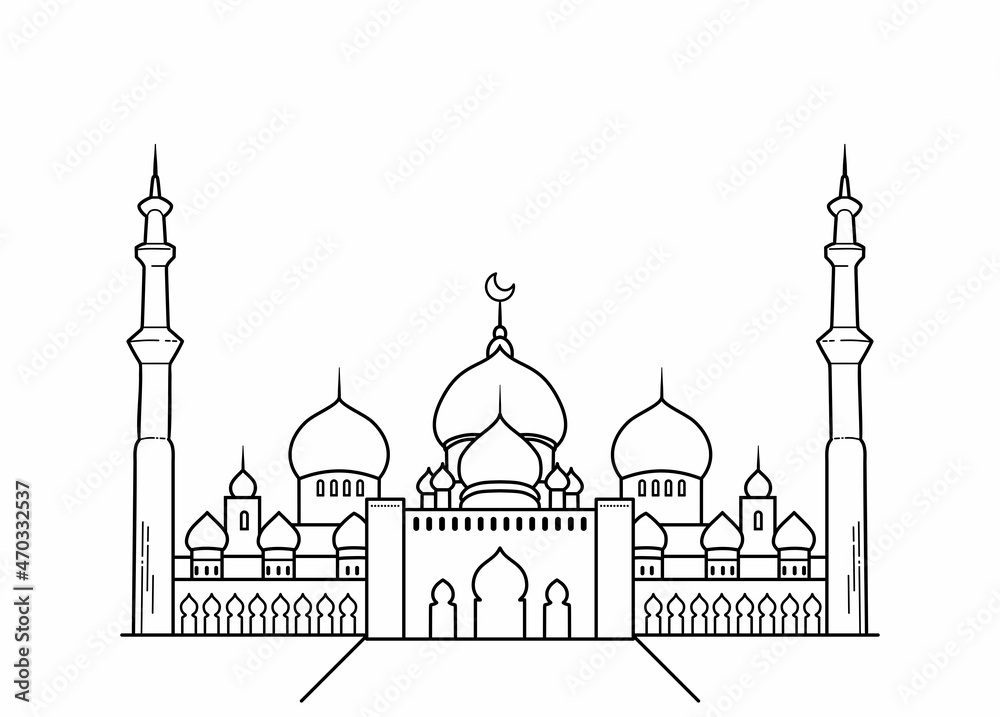 mosque sketch, ramadhan, drawing mosque, line art mosque