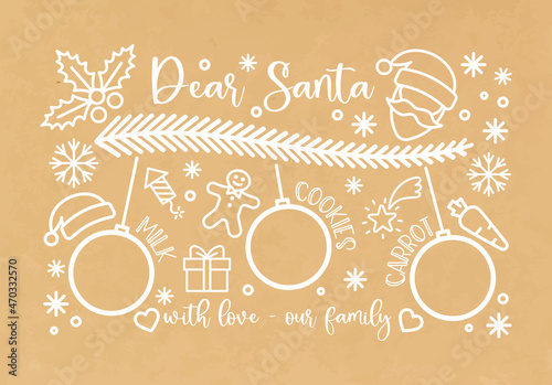 Santa tray on kraft paper concept. Place for cookies, drink and carrots for reindeer.