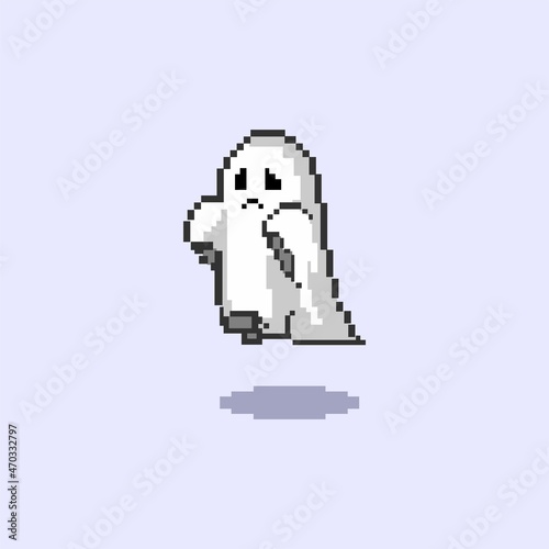 Cute ghost pixel art style icon isolated on light blue background perfect for Halloween symbol. Spooky logo.