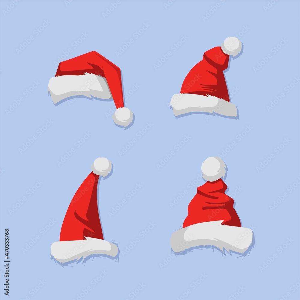Santa red christmas hat vector illustration. Xmass holidays clothes isolated on light blue background Santa red christmas hat vector illustration. Xmass holidays clothes isolated on light blue background