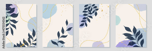 Set of creative minimalist hand draw illustrations blue leaves and pastel simple shape, watercolor stain brush stroke. for wall decoration, beauty and make up industry design, poster, brochure cover