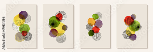 Creative minimalist hand painted Abstract art background with watercolor stain and Hand Drawn doodle Scribble Circle. Design for wall decoration, postcard, poster or brochure