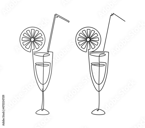 Cocktail in a glass with a citrus wedge. Continuous line drawing. Vector illustration.