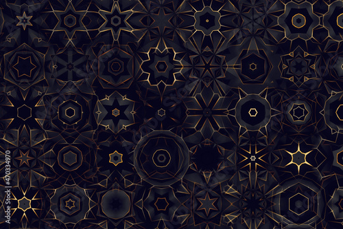 Black background with repetition of beautiful geometric shapes 