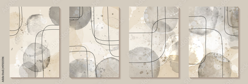 Abstract biege nude watercolor circle stains with black lines and ...