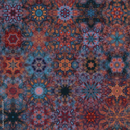 Very beautiful kaleidoscope and mandala shapes in various colors, all of the shapes are matched together 
