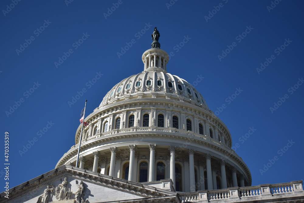 Washington, DC, USA - November 1, 2021: Looking Up at the U.S. Capitol Building from the Stairs on the  East Side on a Bright, Clear Day in Autumn 