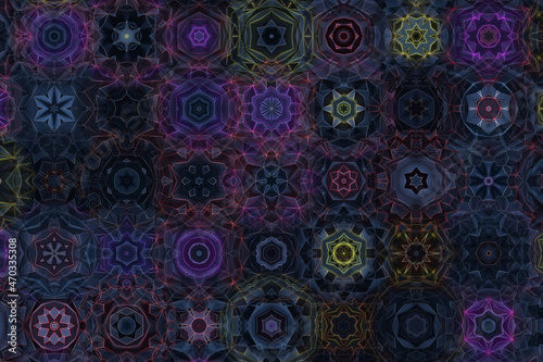 Very beautiful kaleidoscope and mandala shapes in various colors, all of the shapes are matched together 