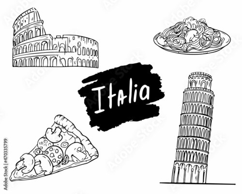 A set of icons on the theme of Italy, pasta, pizza, colosseum. Vector graphics. Vector illustration
