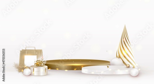 Merry Christmas and Happy New Year. Podium studio with gifts, boxes, Christmas balls, decoration.Holidays template 