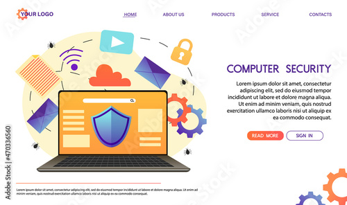 Data security design concept. Internet data storage guard technology. Digital information protection service. Secure data transmission system. Abstract wireless safe database. Vector illustration.