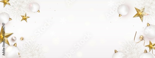 Flat lay design with christmas decoration, white balls, 3d golden stars. Top view vector composition. Layout.Template, poster, banner,cover, brochure