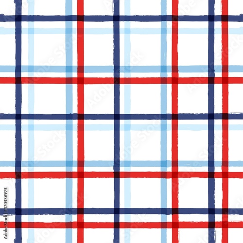 Plaid check patten. Seamless vector tartan texture print. dark navy, blue, red and white watercolor stripes, checkered male graphic background.