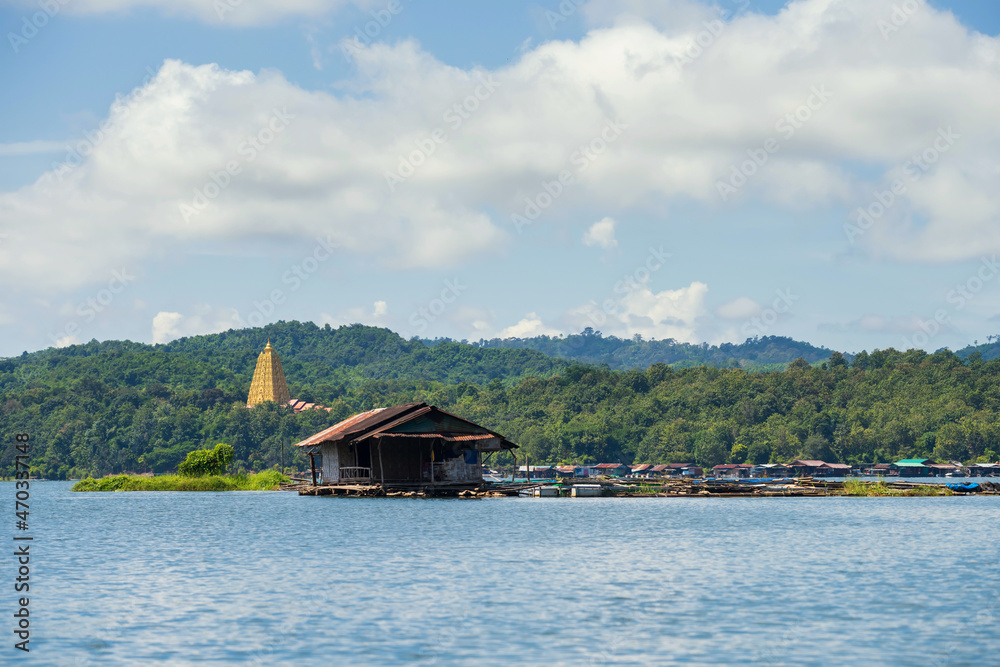 Wooden raft villages and Pagoda, Sangkhlaburi