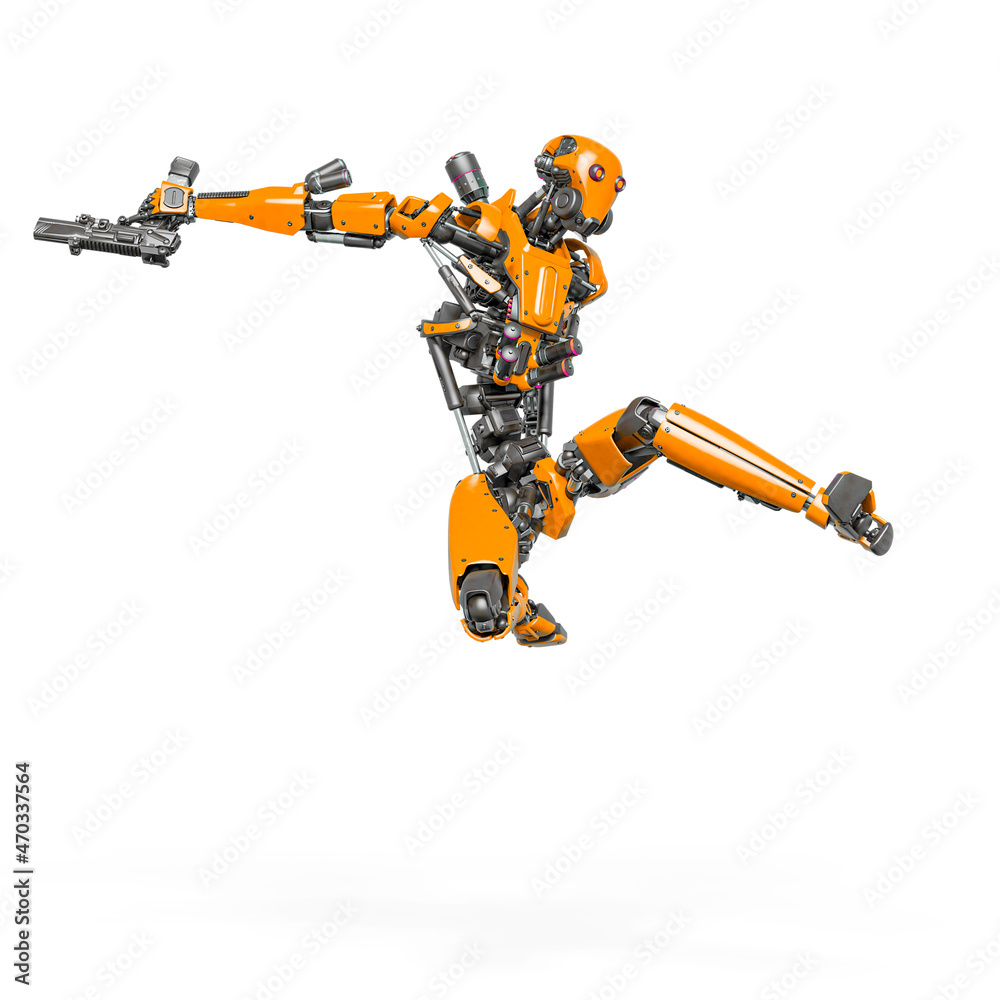 droid soldier is jumping fast in action and holding a pistol