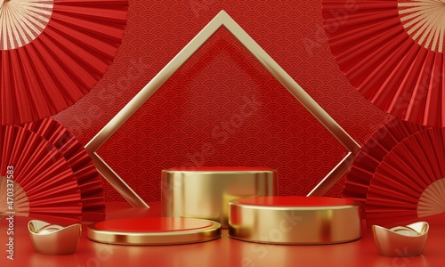 Chinese New Year red modern style three podium product showcase with golden ring frame Japanese style pattern background. Happy holiday traditional festival concept. 3D illustration rendering