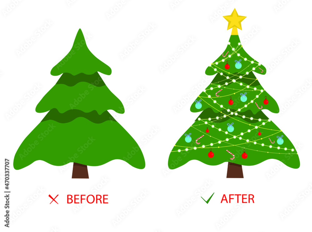 Christmas tree before and after decoration. Fir in forest and in room with gifts and lights. vector illustration