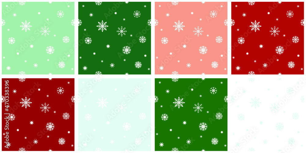 Set of seamless backgrounds with snowflakes on the background of Christmas colors.
White simple snowflakes scattered in different sizes on green, red, spruce-green, pastel backgrounds.
Set of seamless backgrounds with snowflakes on the background of Christmas colors.
White simple snowflakes scattered in different sizes on green, red, spruce-green, pastel backgrounds.