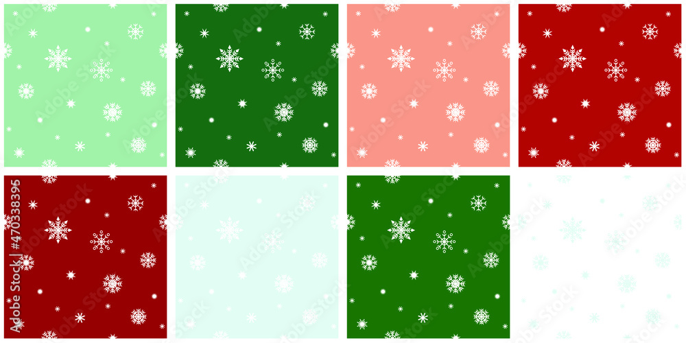 Set of seamless backgrounds with snowflakes on the background of Christmas colors.

White simple snowflakes scattered in different sizes on green, red, spruce-green, pastel backgrounds.
