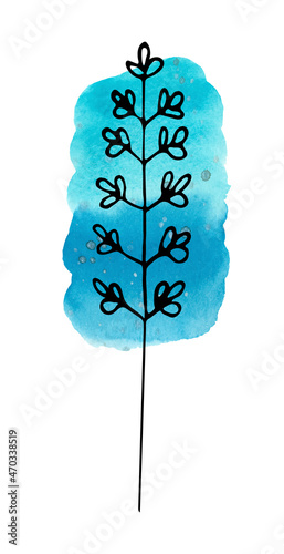 Watercolor blue gradient background and black contour twigs. Hand-drawn, background and twig are isolated from each other, can be moved to your liking.