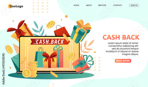 Loyalty program design concept. Cash back service on mobile smartphone app, application of payment by credit card on online shopping. Bonus system to return money. Vector illustration