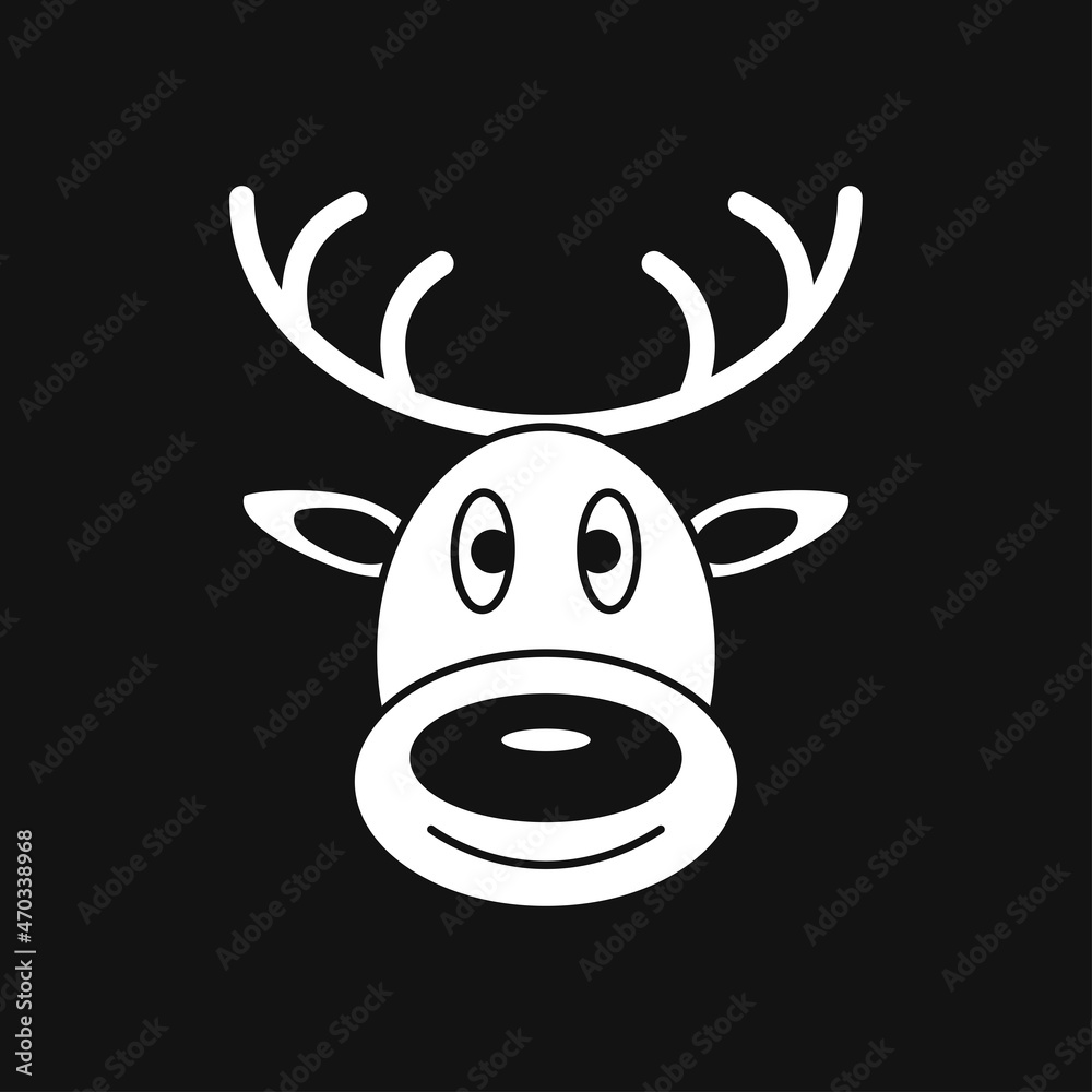 Flat reindeer icon Christmas card. Isolated on black background, vector illustration.