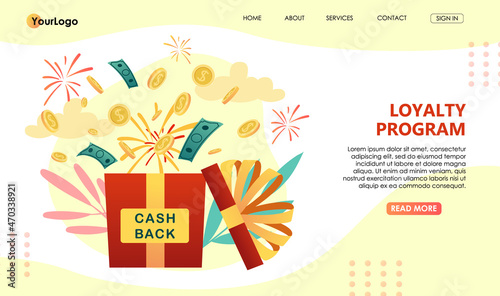 Loyalty program design concept. Cash back service on mobile smartphone app, application of payment by credit card on online shopping. Bonus system to return money. Vector illustration