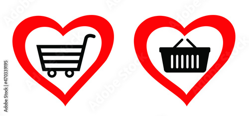 I love or like shopping wth love heart. Cartoon cart shop, store, market, shopping basket or hand bag suitcase logo. Vector baggage or plastic icon or picrogram. Lover deals. Big sale or idea.