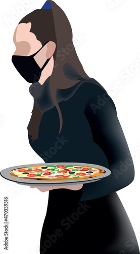 Girl in pizza order holder uniform uniform
