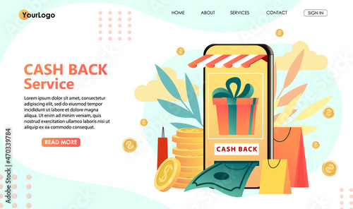 Loyalty program design concept. Cash back service on mobile smartphone app, application of payment by credit card on online shopping. Bonus system to return money. Vector illustration