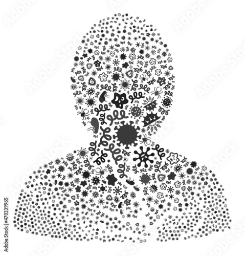 Vector infection carcinoma patient icon mosaic of contagious cells. Carcinoma patient collage is designed of infectious items, parasites, microbes, spores, contagious agents,