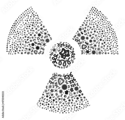 Vector virus radioactivity icon collage of contagious microbes. Radioactivity mosaic is made with virus elements, parasites, microbes, spores, contagious agents, and based on radioactivity icon.