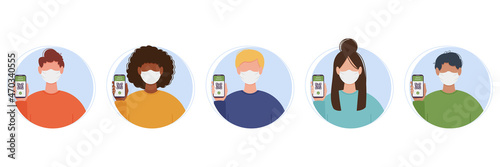 People using digital health passports with QR code. Vaccinated against Covid-19 men and women with a medical mask on their face show the application in mobile phone with immunisation certificate.