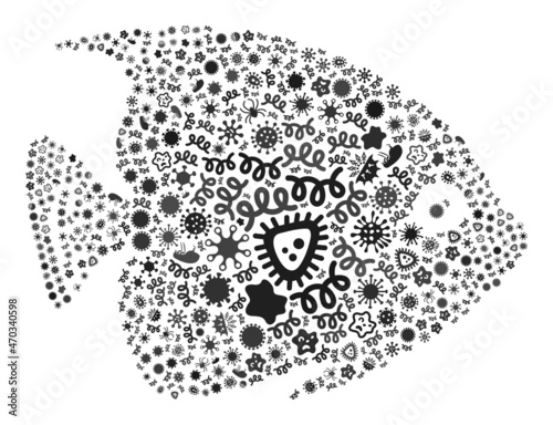 Vector infection tropical fish icon mosaic of contagious items. Tropical fish mosaic is shaped of infection items, parasites, microbes, spores, contagious agents, and based on tropical fish icon.